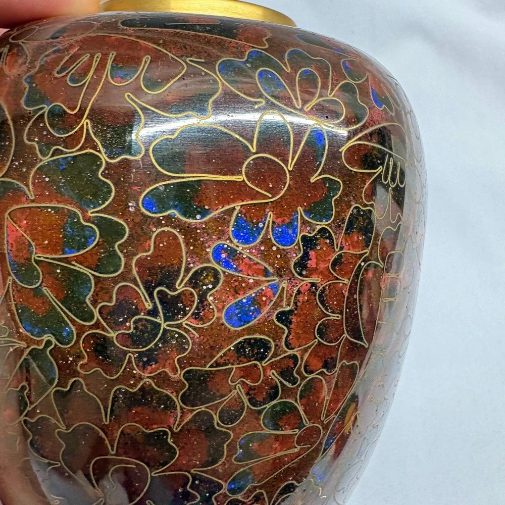 Vintage Cloisonne Enamel Vase Small Red Floral Brass 4.75in Good Chinoiserie